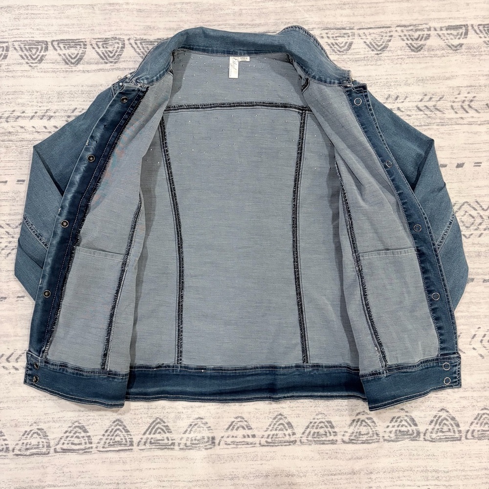Glam Vintage Pearl Chic Denim Jean Stretchy Jacket Feminine Western Y2K Large - Picture 9 of 15